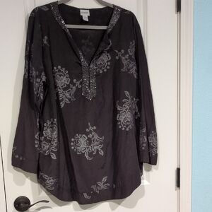 Chico's Charcoal Floral Embellished Tunic Silk And Cotton Size 3